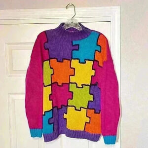 Vintage 90s Reference Point Puzzle Pieces Autism Sweater Colorful Knit Pop Art